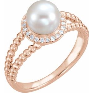 14K Rose Gold Cultured White Freshwater Pearl & .08 CTW Natural Diamond Halo-Style Beaded Ring