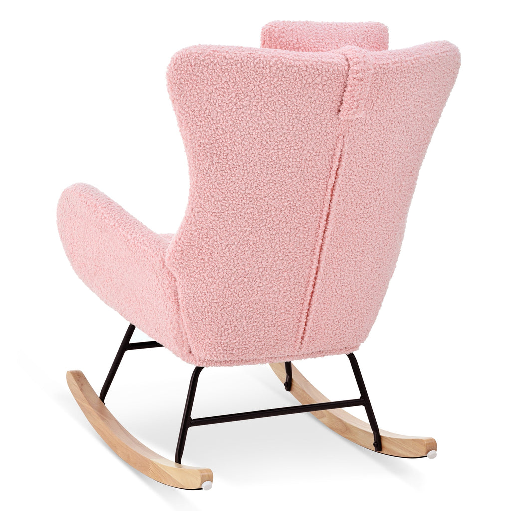 Rocking Chair Nursery, Teddy Upholstered Rocker Glider Chair with High Backrest, Adjustable Headrest & Pocket, Comfy Glider Chair for Nursery, Bedroom, Living Room, Offices, Rubber wood, pink