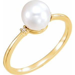 14K Yellow Gold Cultured White Freshwater Pearl & .025 CTW Natural Diamond Ring