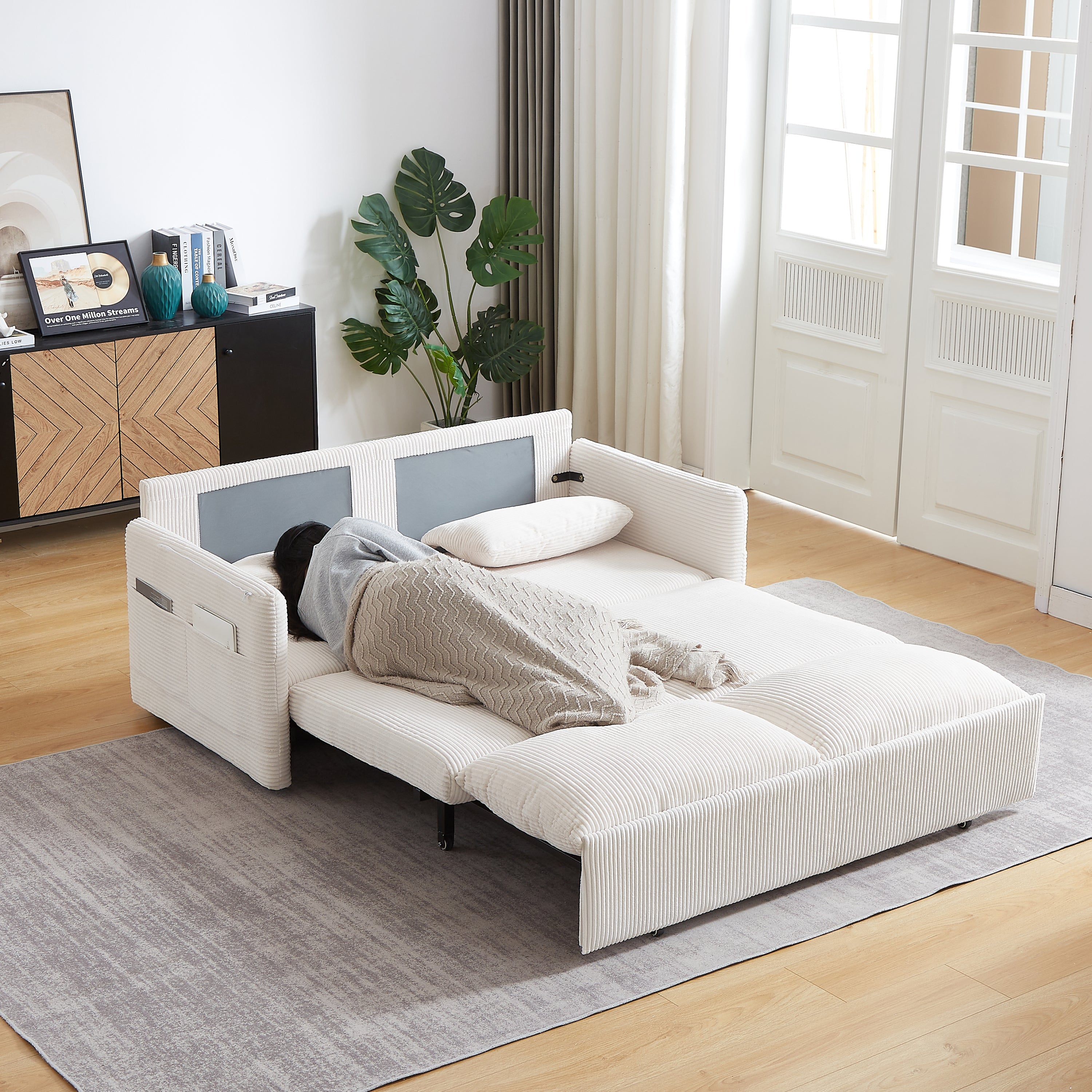MH'' 64.5 Inch Sleeper Sofa Bed  3-in-1 Adjustable Sleeper with Pullout Bed   2 Pillows and Side Pockets  Soft Corduroy Convertible Sleeper Sofa Bed for Living Room Bedroom Apartment Office