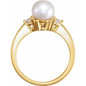 14K Yellow Gold Cultured White Akoya Pearl & 1/6 CTW Natural Diamond Ring