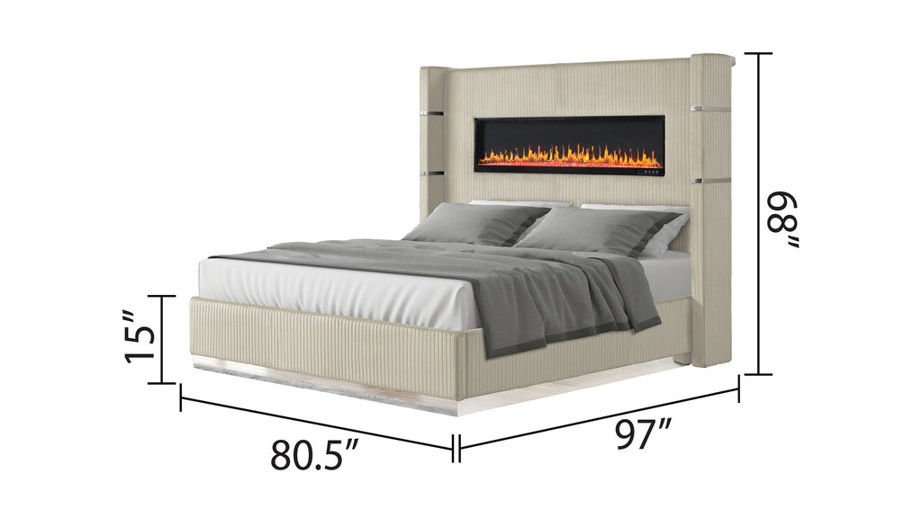 LIZZELLE Upholstery Wooden King 5 PC Bedroom set with Ambient lighting in Beige Velvet Finish(NJ INVENTORY)