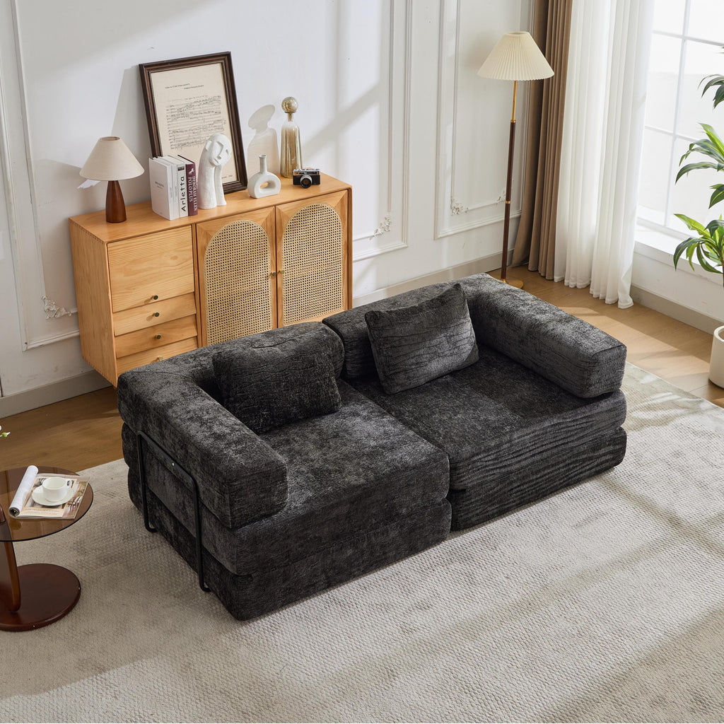 Compression Sofa,Convertible Floor Sofa Bed with Fixed-Shape Frame, Loveseats Boneless Modular Sectional Sofa,No Assembly Required,Chenille fabric,for Living Room Bedroom,Black