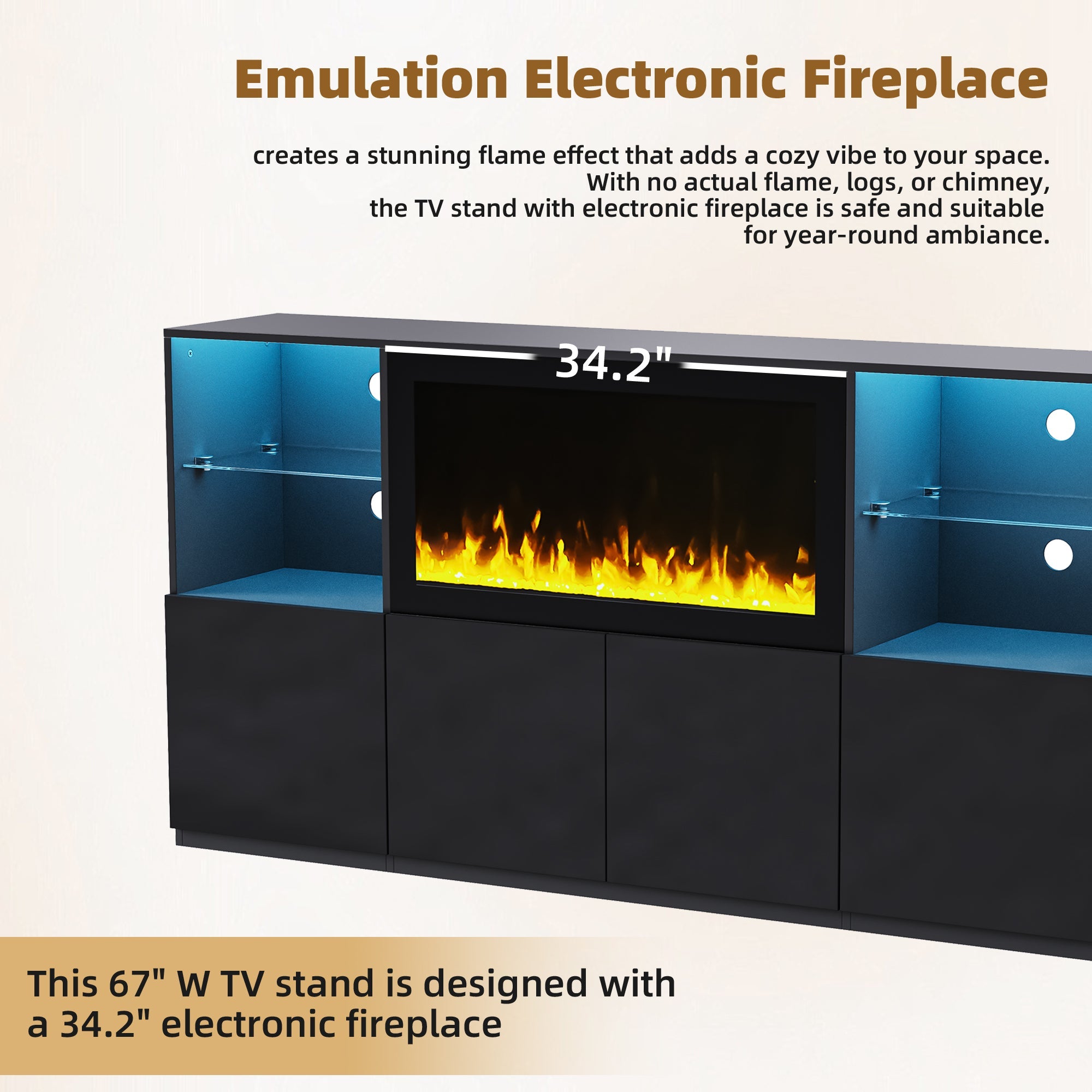 ON-TREND High Gloss TV Stand with 34.2' Non-heating Electric Fireplace, Modern Entertainment Center with LED Light, Media Console with Tempered Glass Shelves for TVs up to 75', Living Room, Black