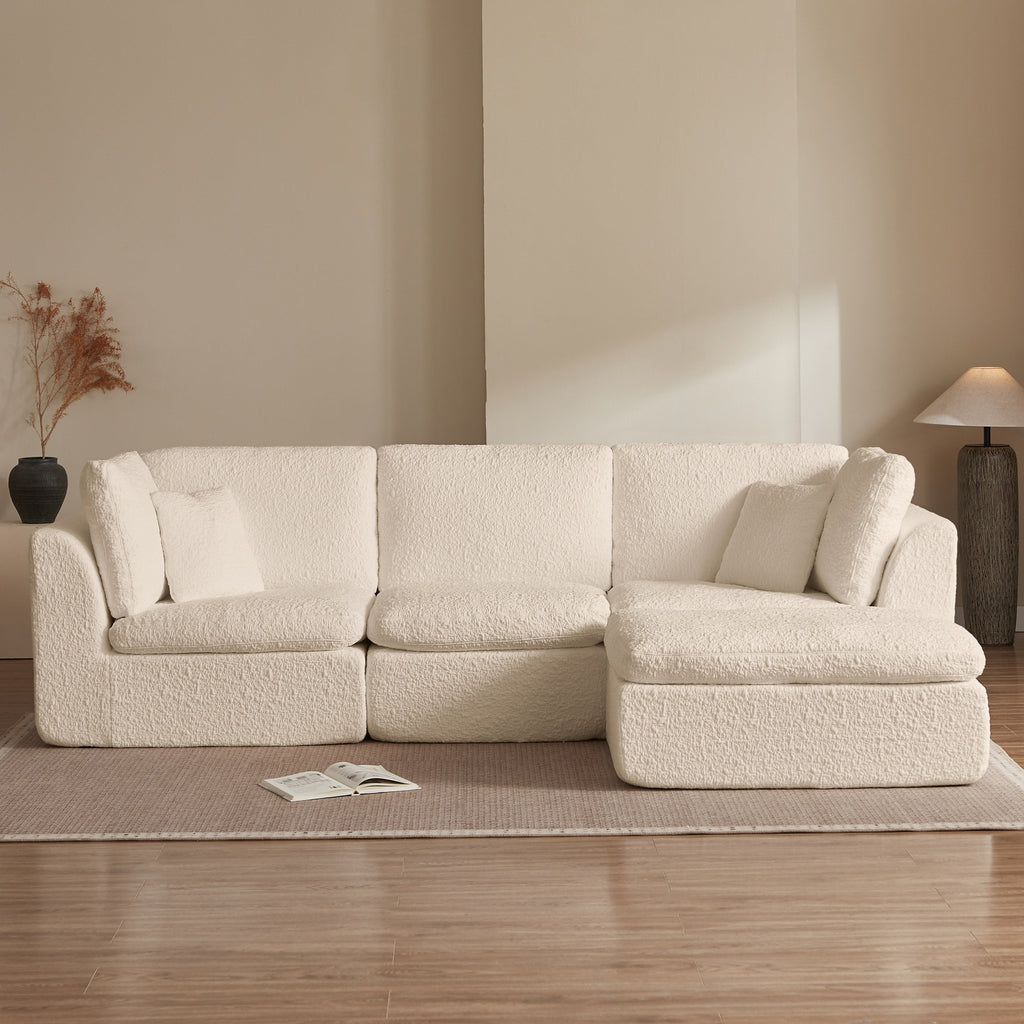 Cloud Style L-Shape Modular Sectional Sofa with Ottoman, 3 Seater Convertible Couch in Warm White Beige, Chenille Fabric, 110 Inch