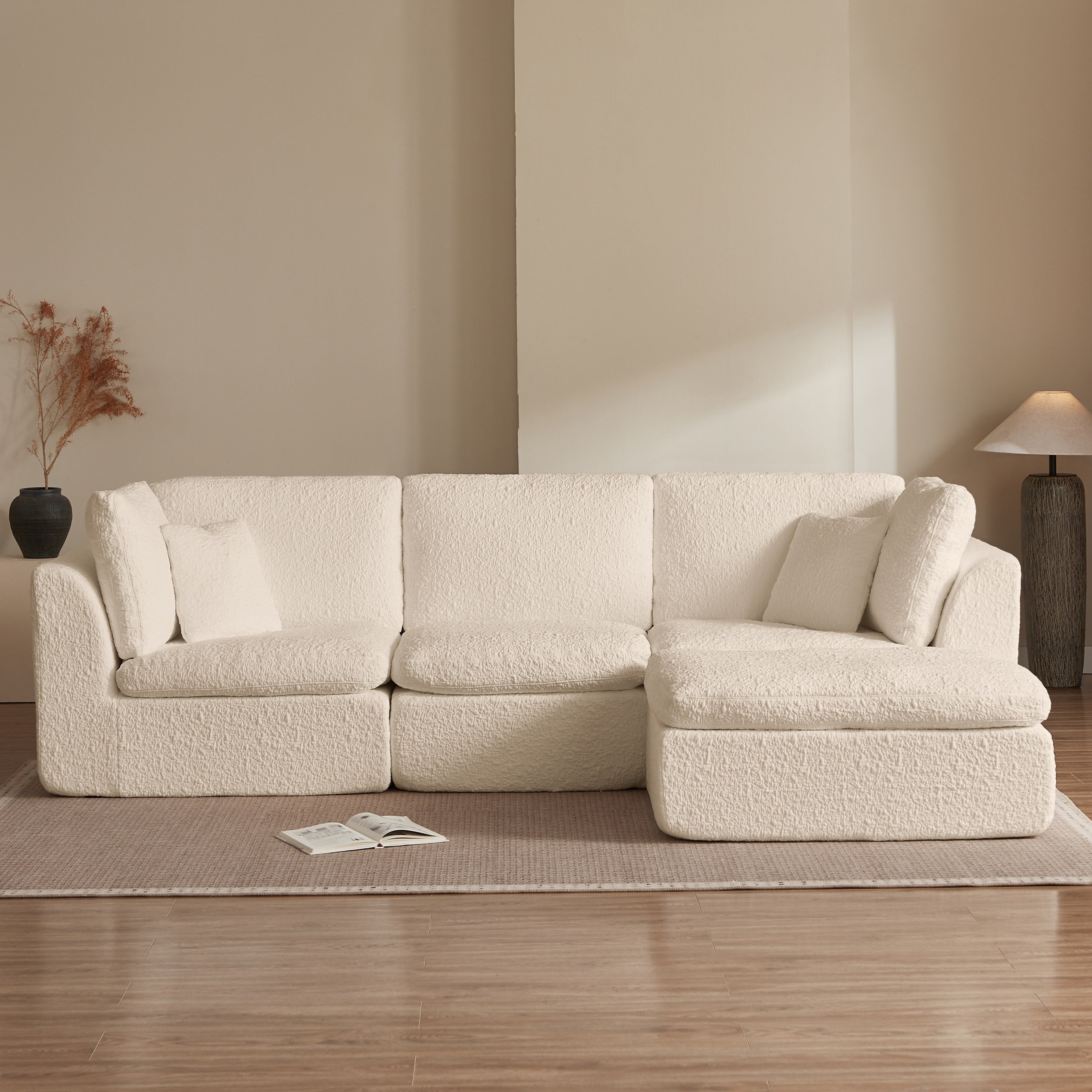 Cloud Style L-Shape Modular Sectional Sofa with Ottoman, 3 Seater Convertible Couch in Warm White Beige, Chenille Fabric, 110 Inch