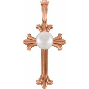 14K Rose Gold Cultured White Freshwater Pearl Cross Pendant