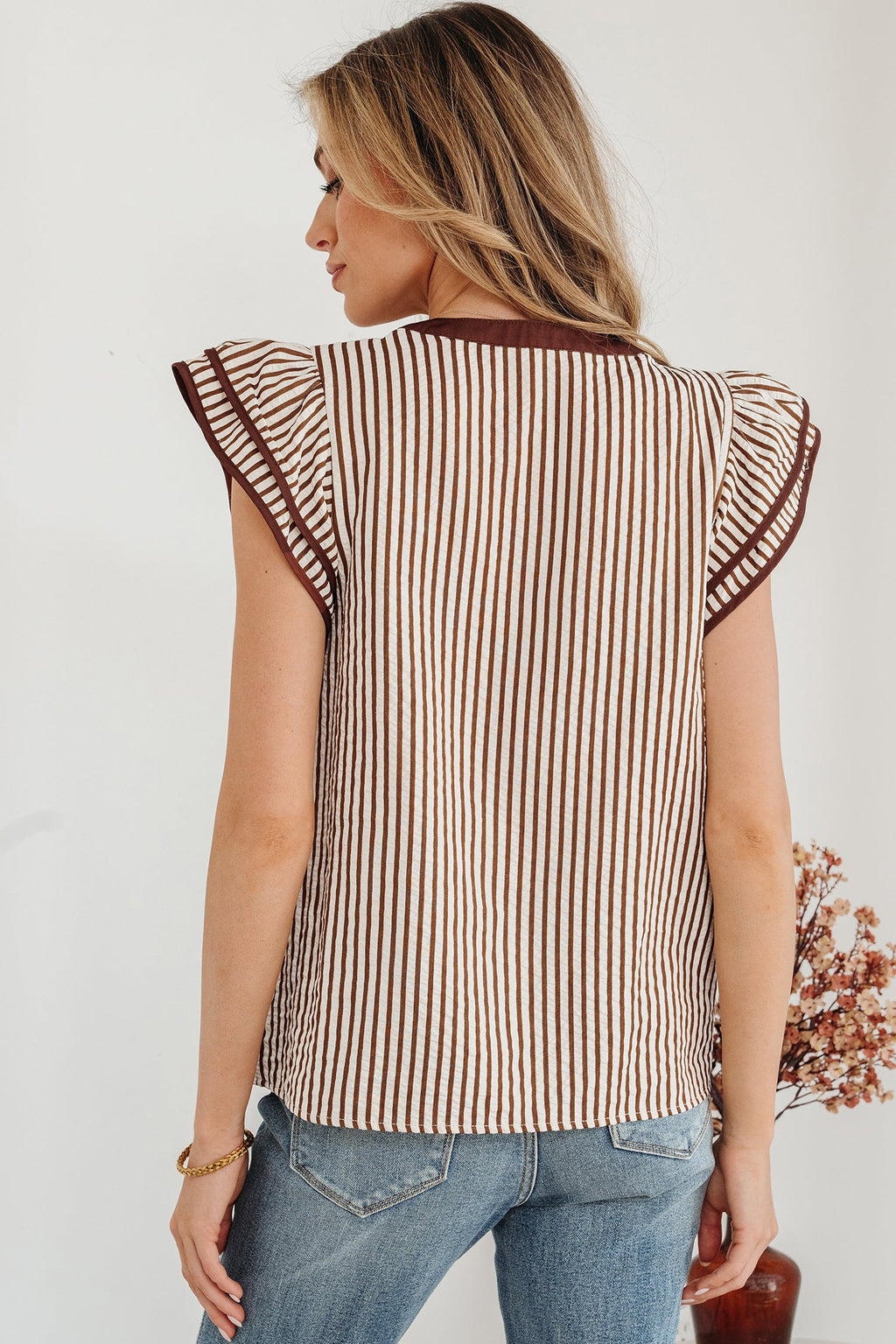 Stripe Double Ruffle Short Sleeve V-Neck Blouse