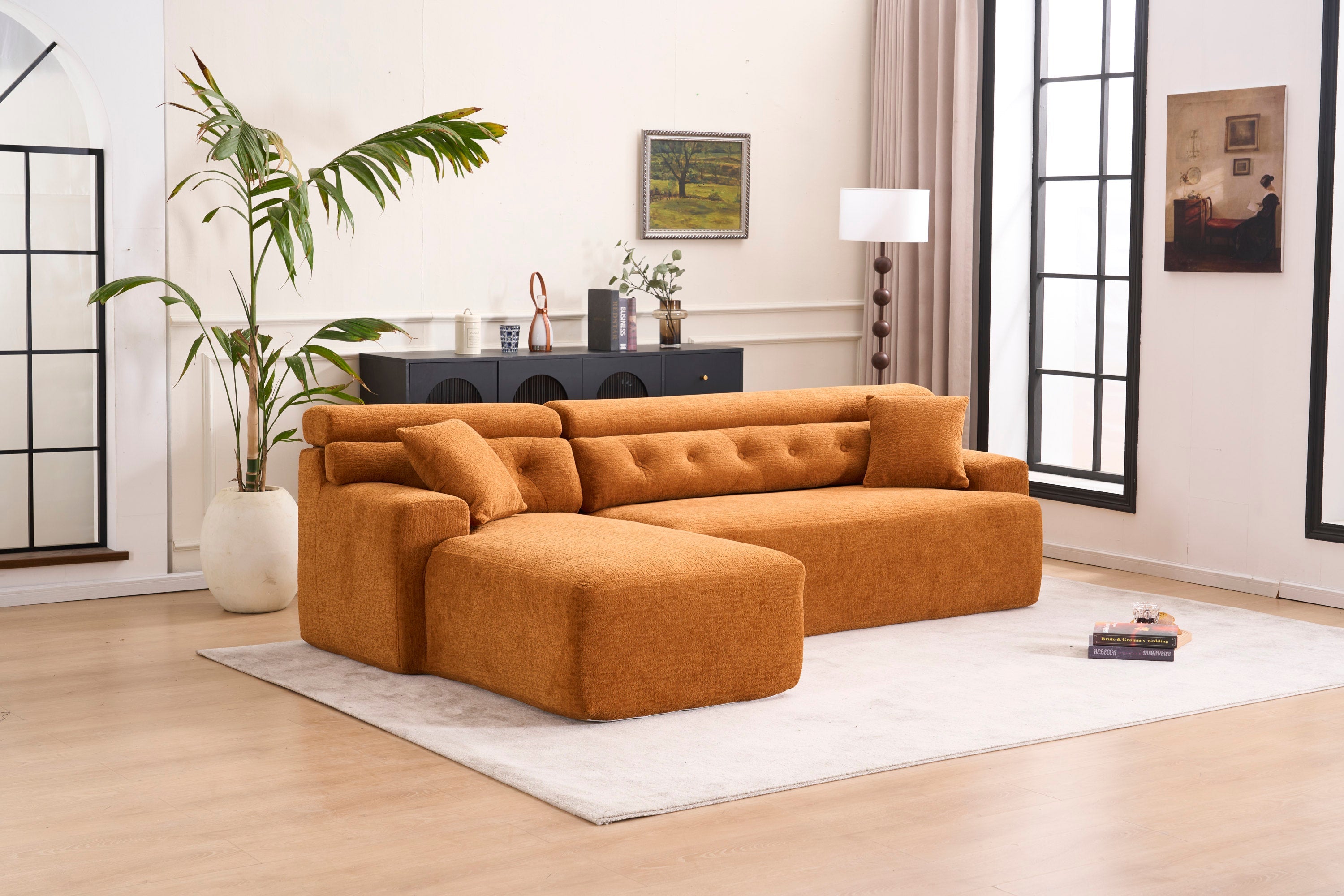 LY-029B Convertible Chaise Sectional Sofa, Full Compression Sponge Modular Couch for Apartment Living Room,Orange 3-Seater with Wood Grain Chenille, 2 Pillows Included, 86'L