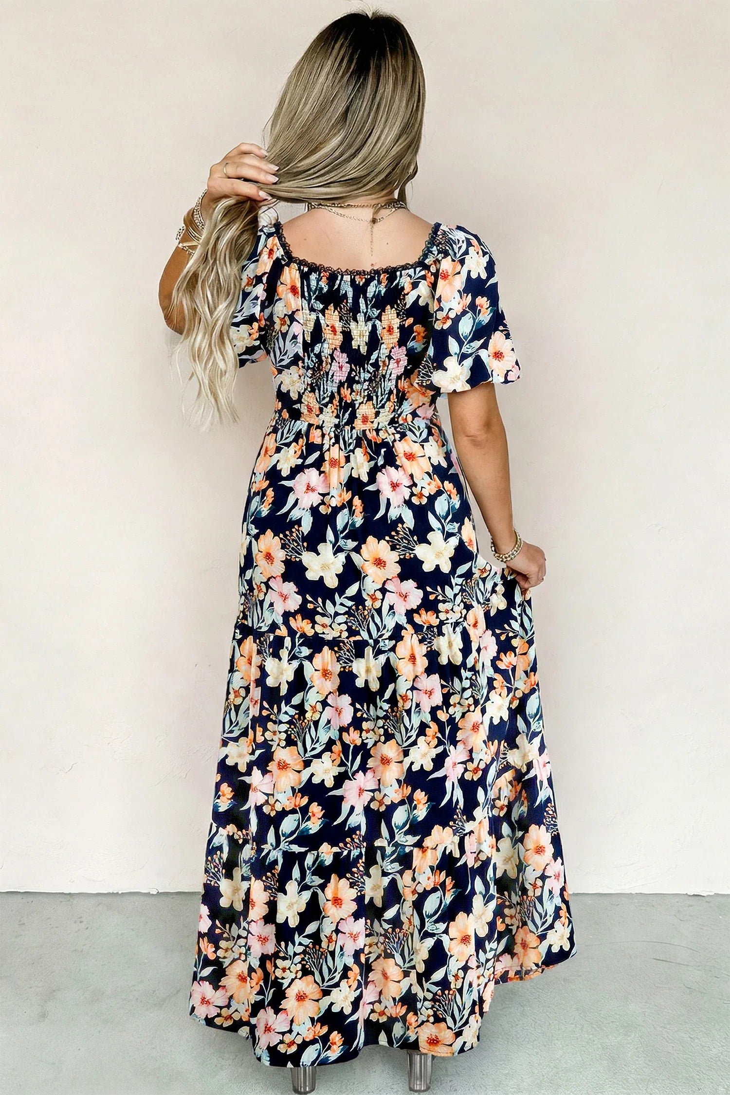 Floral Short Sleeve Smocked High Waist Maxi Dress