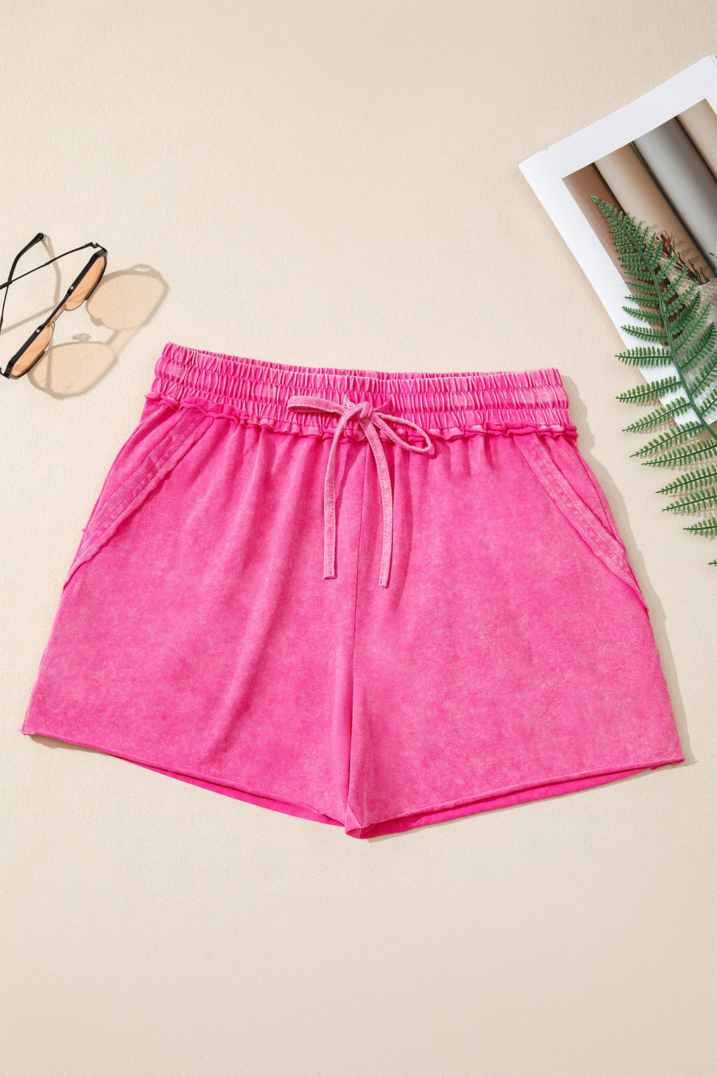 Mineral Wash Drawstring Elastic Waist Raw Edge Shorts