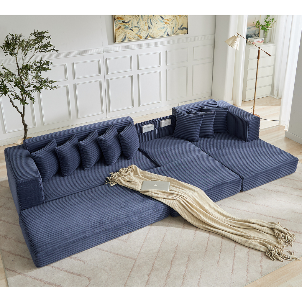 [NEW ARRIVED] [VIDEO PROVIDED] Oversize Cloud Sectional Couch, L-Shape Sofa, Convertible Floor Sleeper Sofa Bed, No Assembly ,Eight pillows,3-in-1,Magazine bag,(Right Facing Sofa),3 Seat,Corduroy,Blue