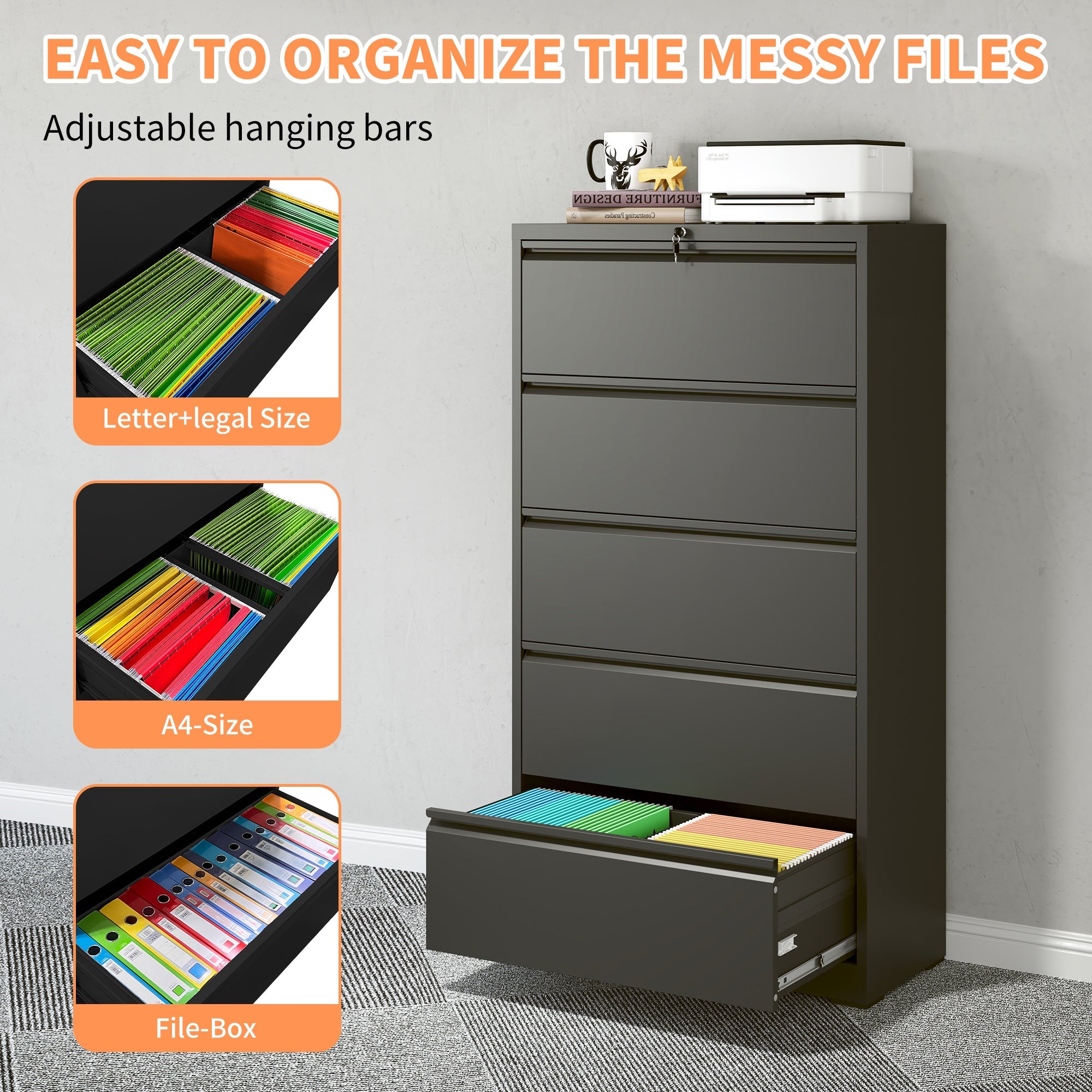 Modern Black 5-Drawer Steel Lateral File Cabinet with Lock for Legal/Letter/A4/F4 Files