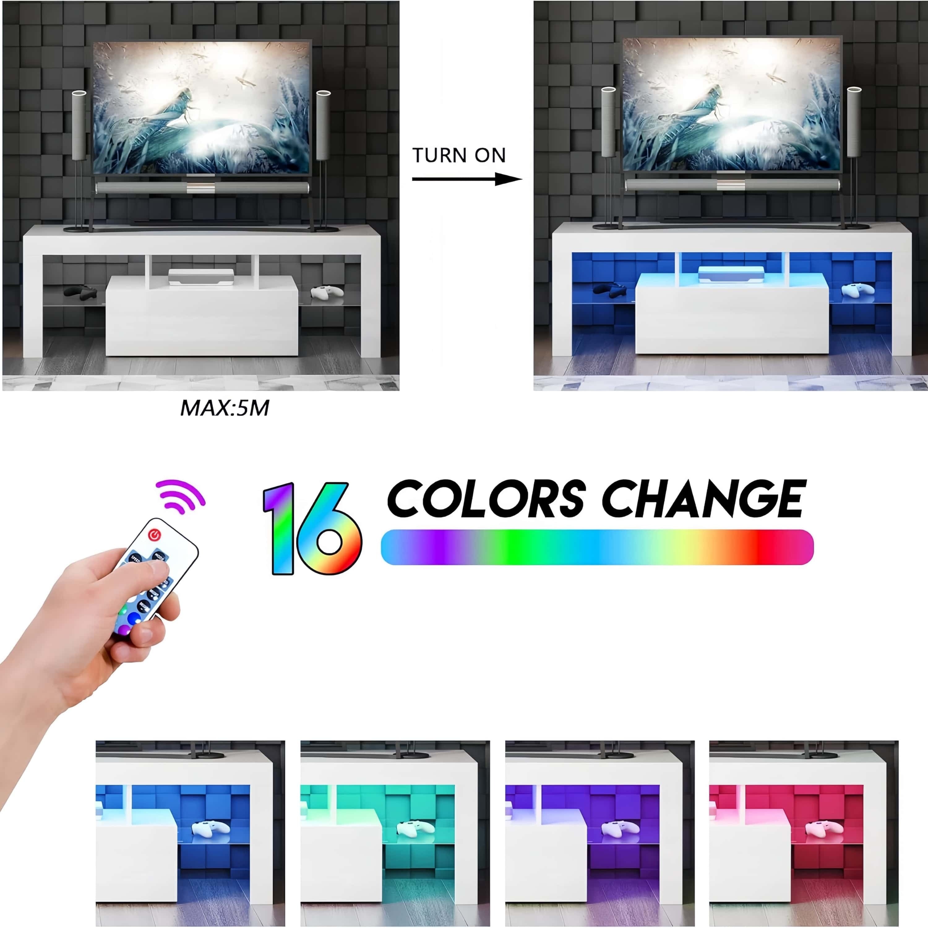 LED TV Stand for Televisions up to 55 Inchs,Modern Entertainment Center with down filp door, Glass shelf and high glossy UV front face, TV Console Table for Living room,Bedroom,White