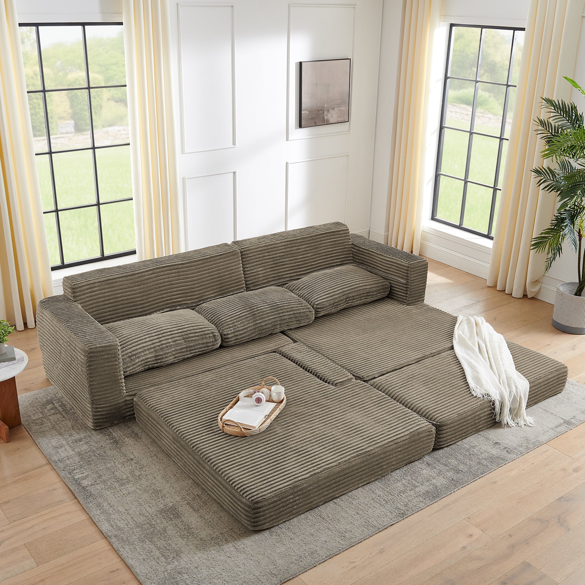 Left sofa seat,L shape Modular Sectional Sofa, Compressed Sectional Sofa Modern Minimalist Style Corduroy Couch,Unfold into a bed, Bedroom, Comfy Compressed Sofa Couch Space-Efficient Design-Brown