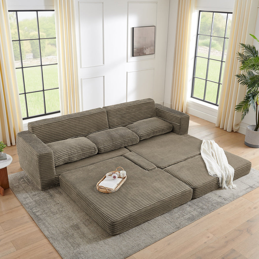 Right sofa seat,L shape Modular Sectional Sofa, Compressed Sectional Sofa Modern Minimalist Style Corduroy Couch,Unfold into a bed, Bedroom, Comfy Compressed Sofa Couch Space-Efficient Design-Brown