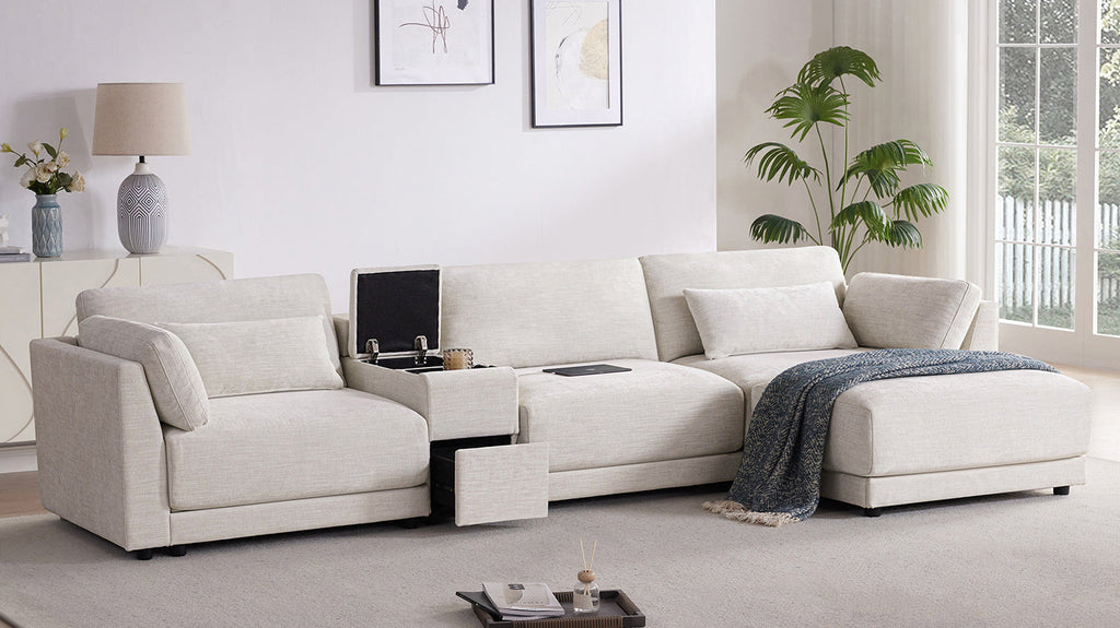 [VIDEO+NEW]124'' Modular Sectional Sofa with Storage Console and Movable Ottoman,33'' Wide Seat,4 Seat L Shaped Chenille Couch,Reversible Comfy Sofa with USB Charger for Living Room,Apartment,2 Colors