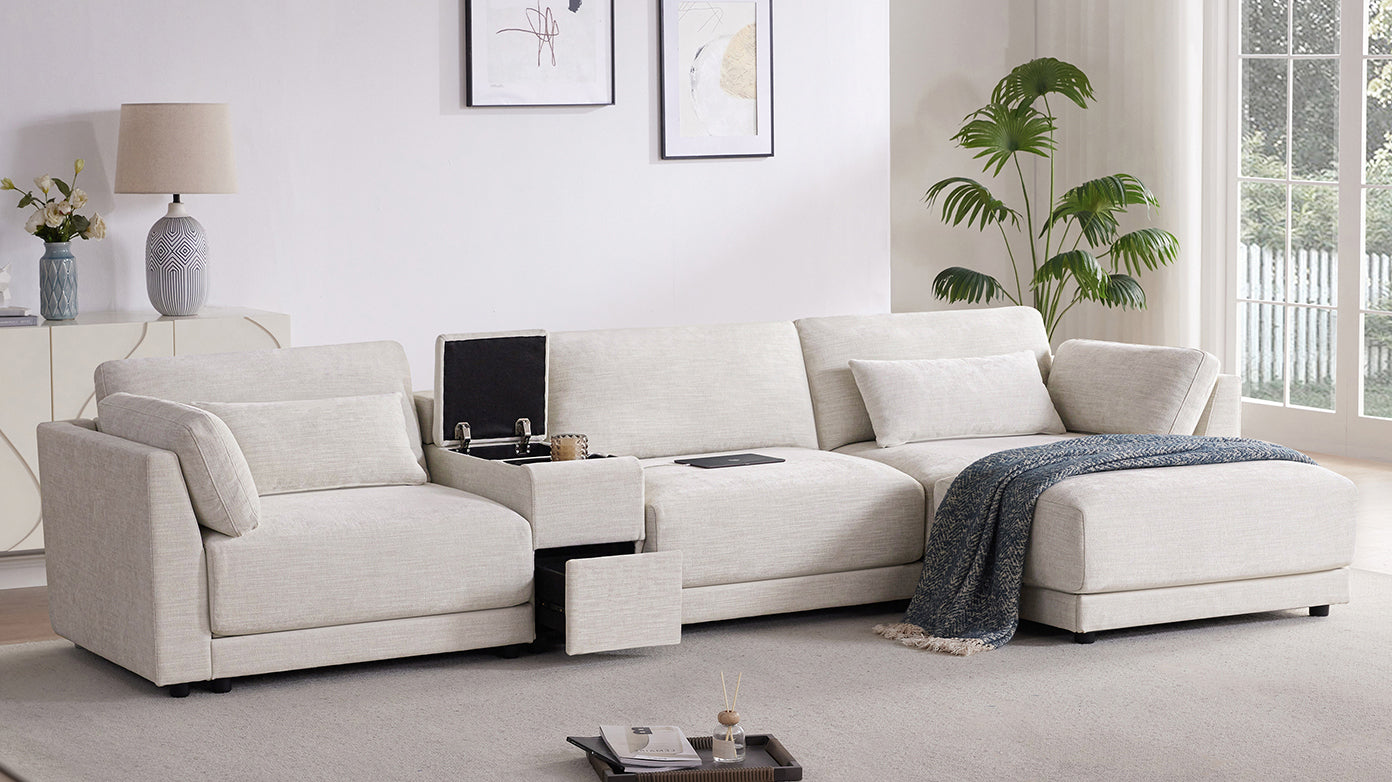 [VIDEO+NEW]124'' Modular Sectional Sofa with Storage Console and Movable Ottoman,33'' Wide Seat,4 Seat L Shaped Chenille Couch,Reversible Comfy Sofa with USB Charger for Living Room,Apartment,2 Colors