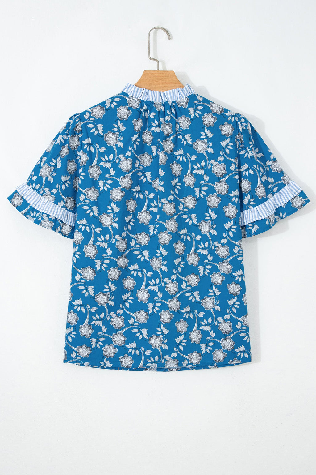 Floral Stripe Trim Tie-Neck Short Sleeve Blouse