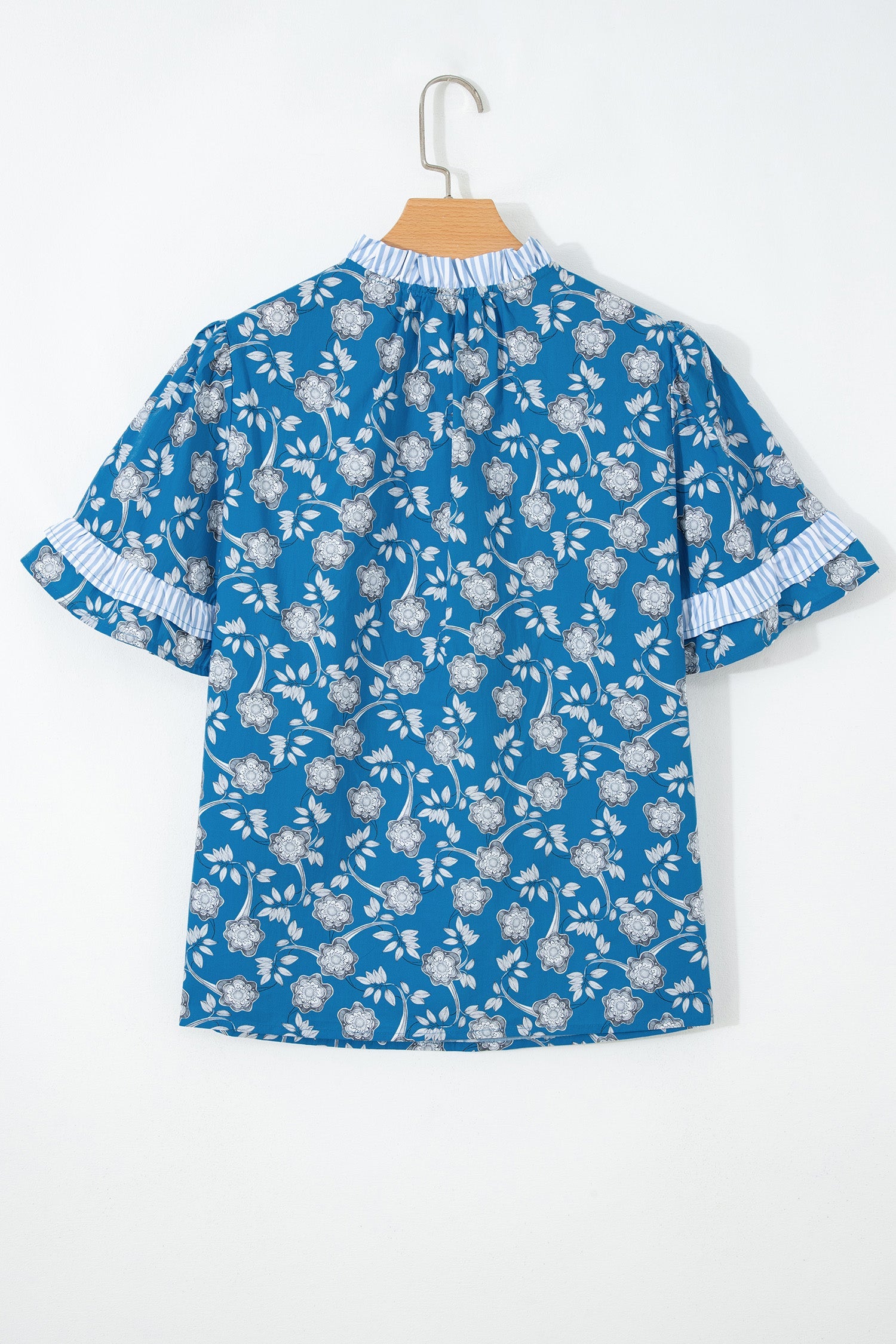 Floral Stripe Trim Tie-Neck Short Sleeve Blouse