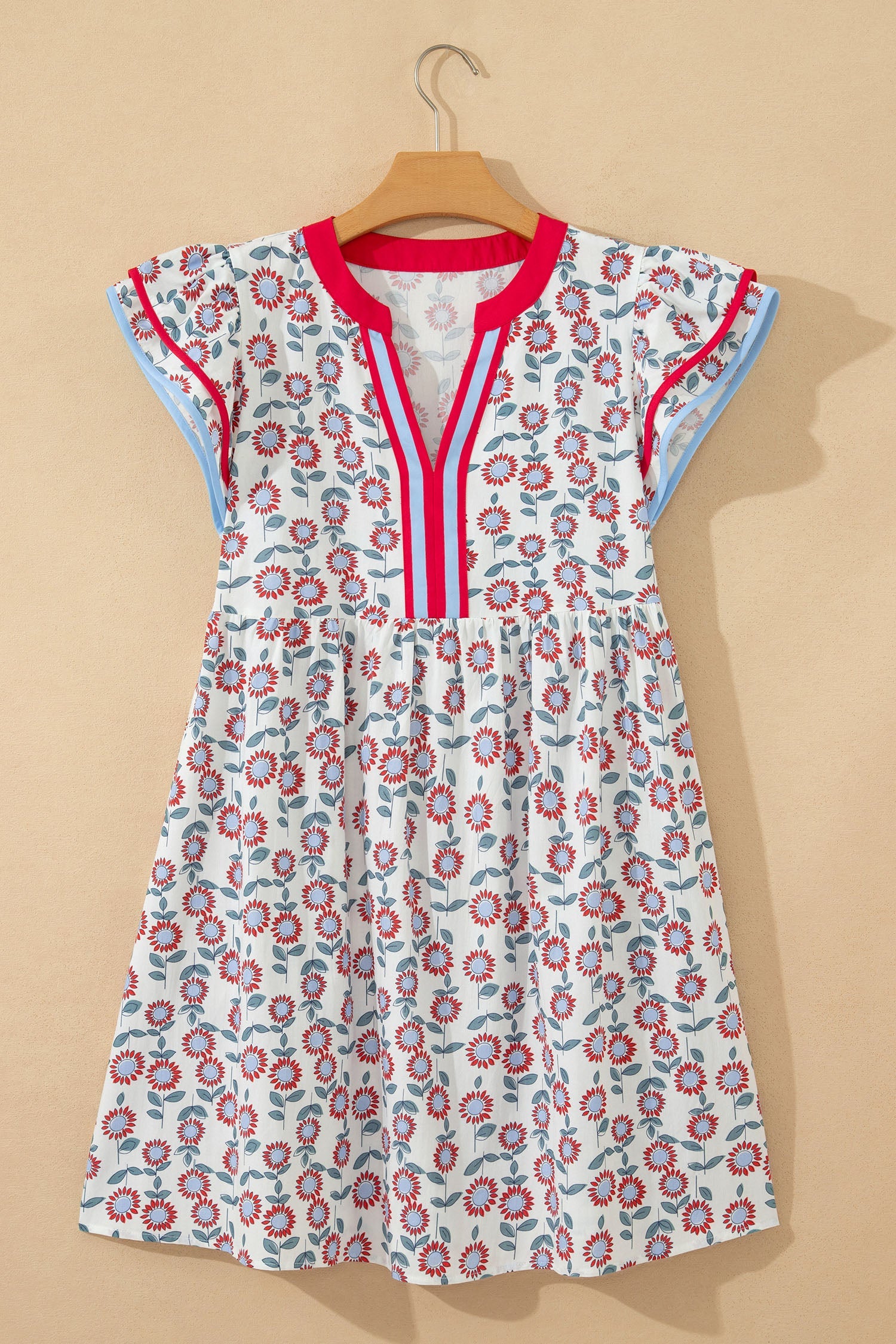 Floral Contrast Trim V-Neck Flutter Sleeve Mini Dress