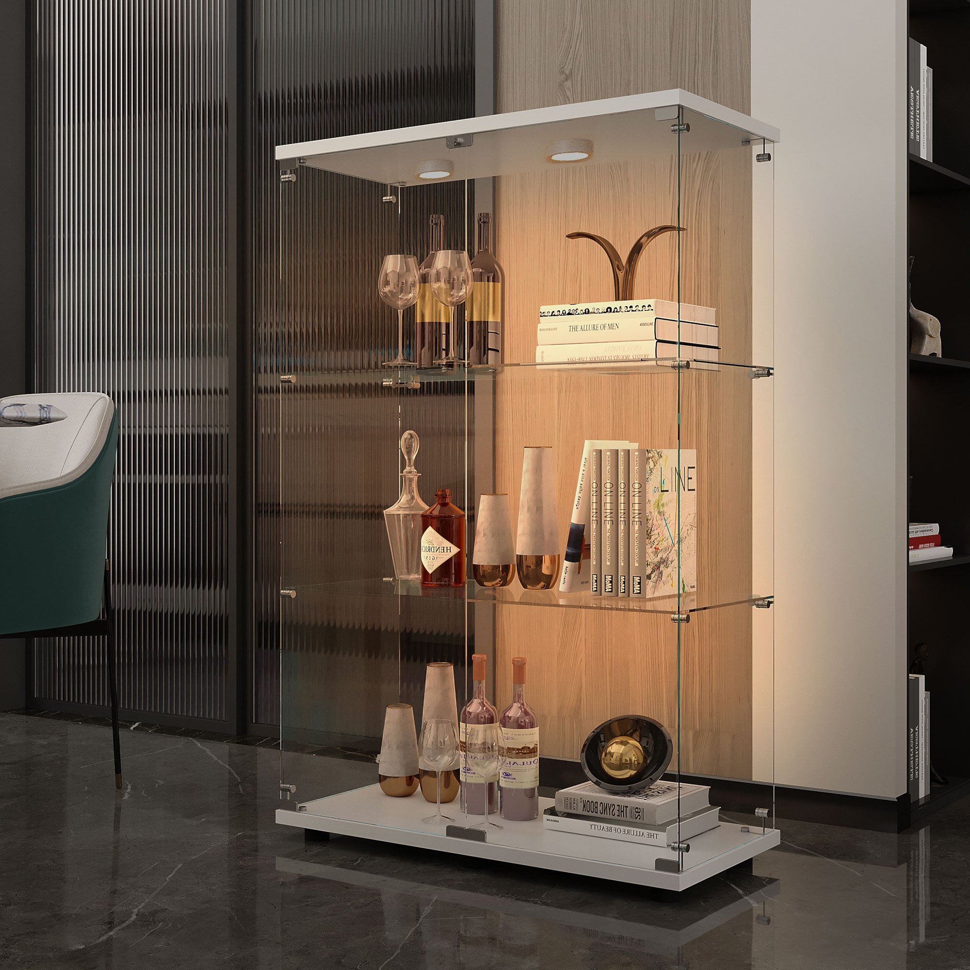 Tempered Glass Display Cabinet,Wine Cabinet,storage Cabinet,File Cabinet,with Battery-powered paipai light,Adjustable Floor Feet,Suitable for uneven ground,Can be placed anywhere,color:white