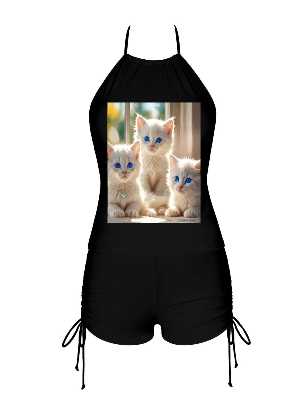 Fluffy White Kittens with Blue Eyes Tankini Swimsuit with Shorts for Women (Front Printing)
