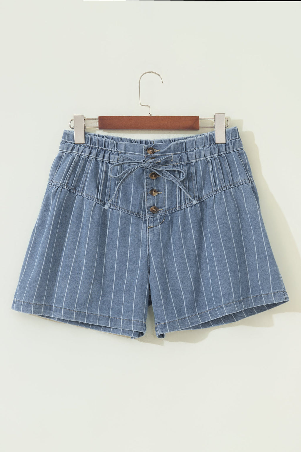 Stripe Denim Pleated Drawstring High Waist Shorts