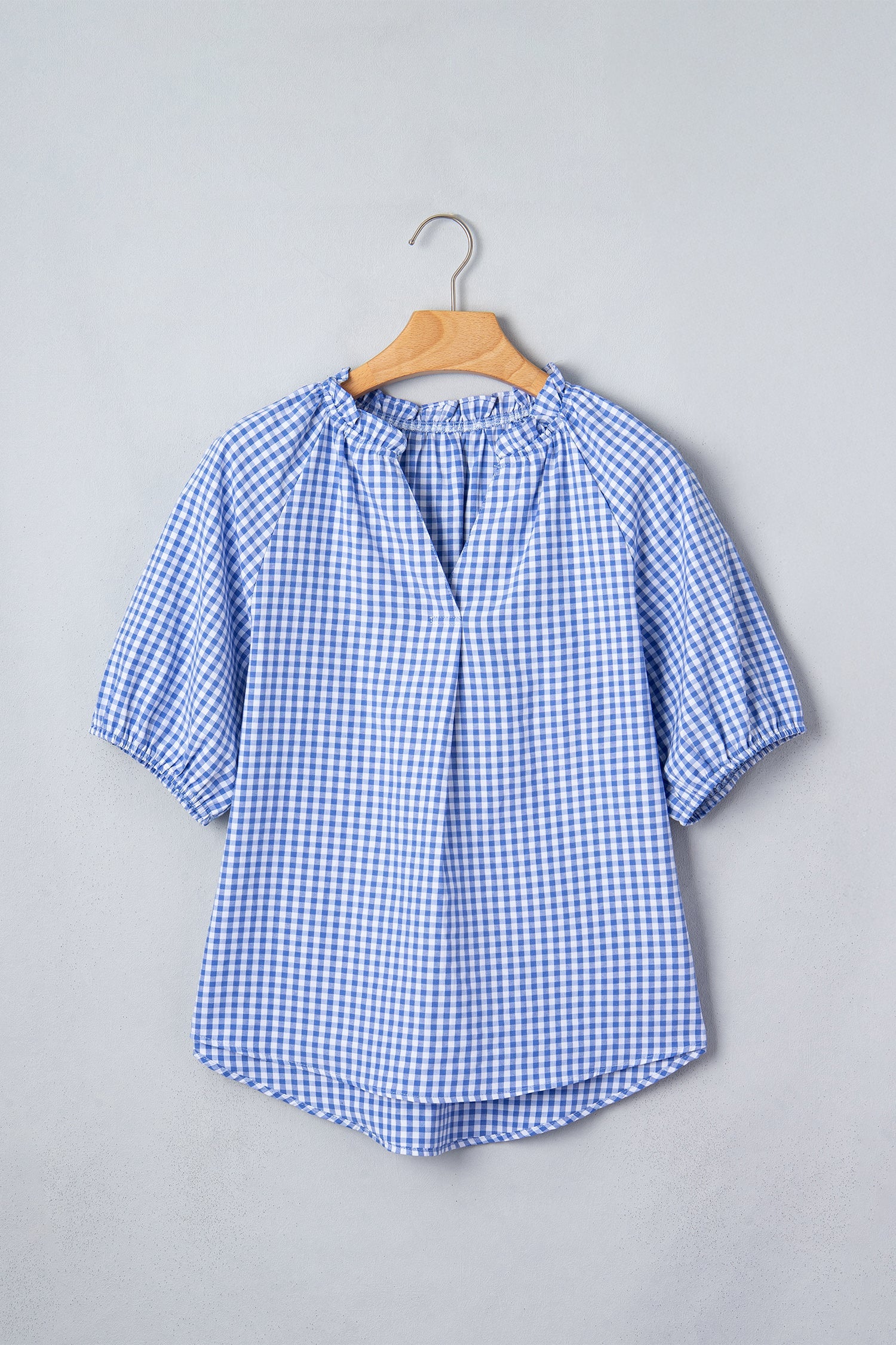 Plaid V-Neck Puff Sleeve Blouse