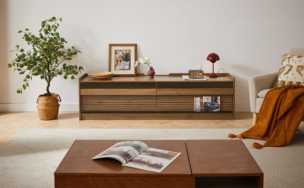 Mirod Modern TV Stand with Ample Storage,4 Drawer Design with Tempered Glass ,Built-in Charging Ports and Ambient LED Lighting ,Versatile for Any Decor Style