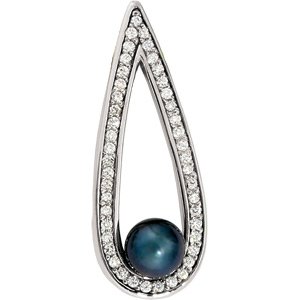 14K White Gold Cultured Black Akoya Pearl & 1/2 CTW Natural Diamond Pendant