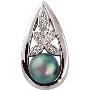 14K White Gold Cultured Black Akoya Pearl & .06 CTW Natural Diamond Pendant