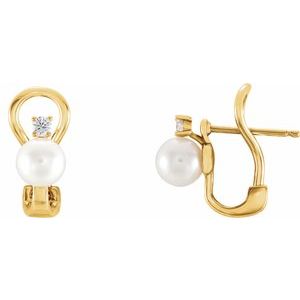 14K Yellow Gold Cultured White Freshwater Pearl & 1/8 CTW Natural Diamond Earrings