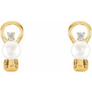 14K Yellow Gold Cultured White Freshwater Pearl & 1/8 CTW Natural Diamond Earrings