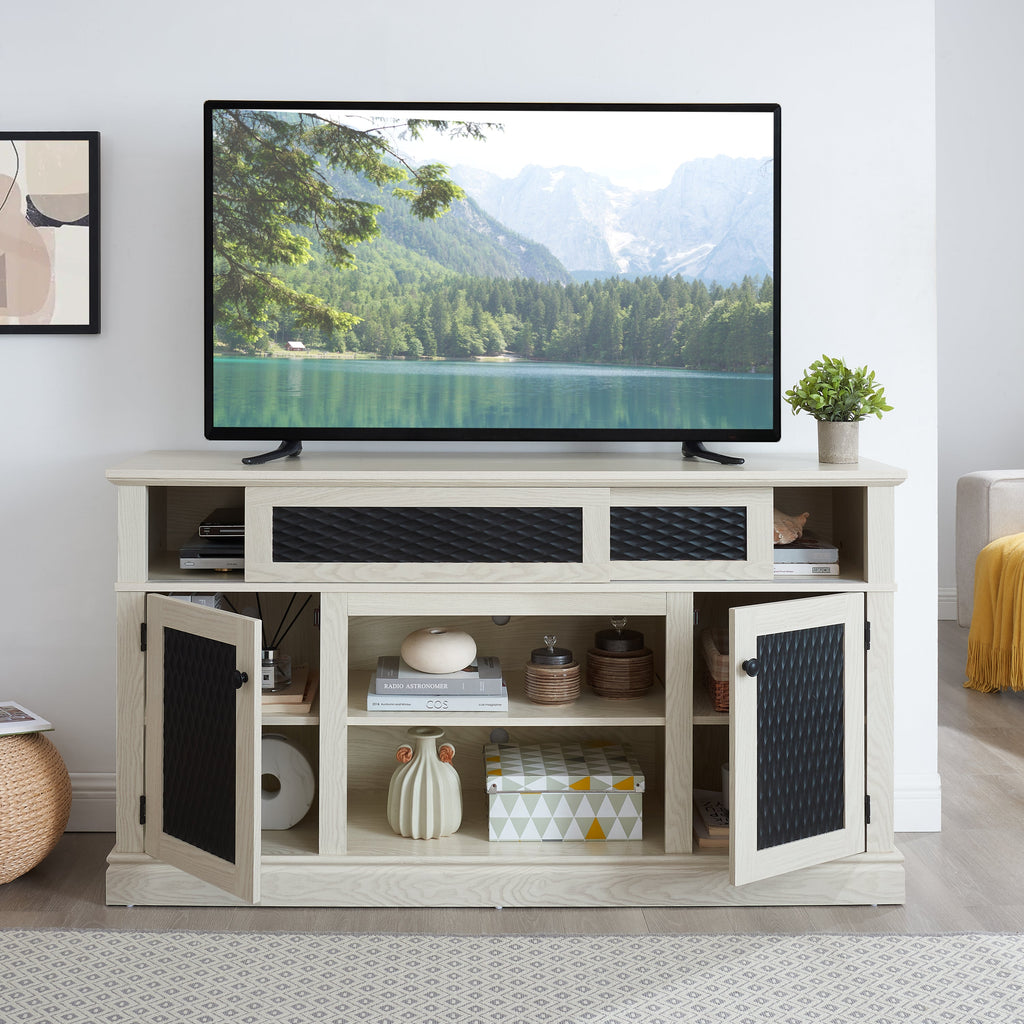 Embossed Pattern TV Stand, TV and Media Console with Open and Closed Storage Space and sliding door for Living Room & Bedroom,White, 58.27'W*15.35'W*31.7H
