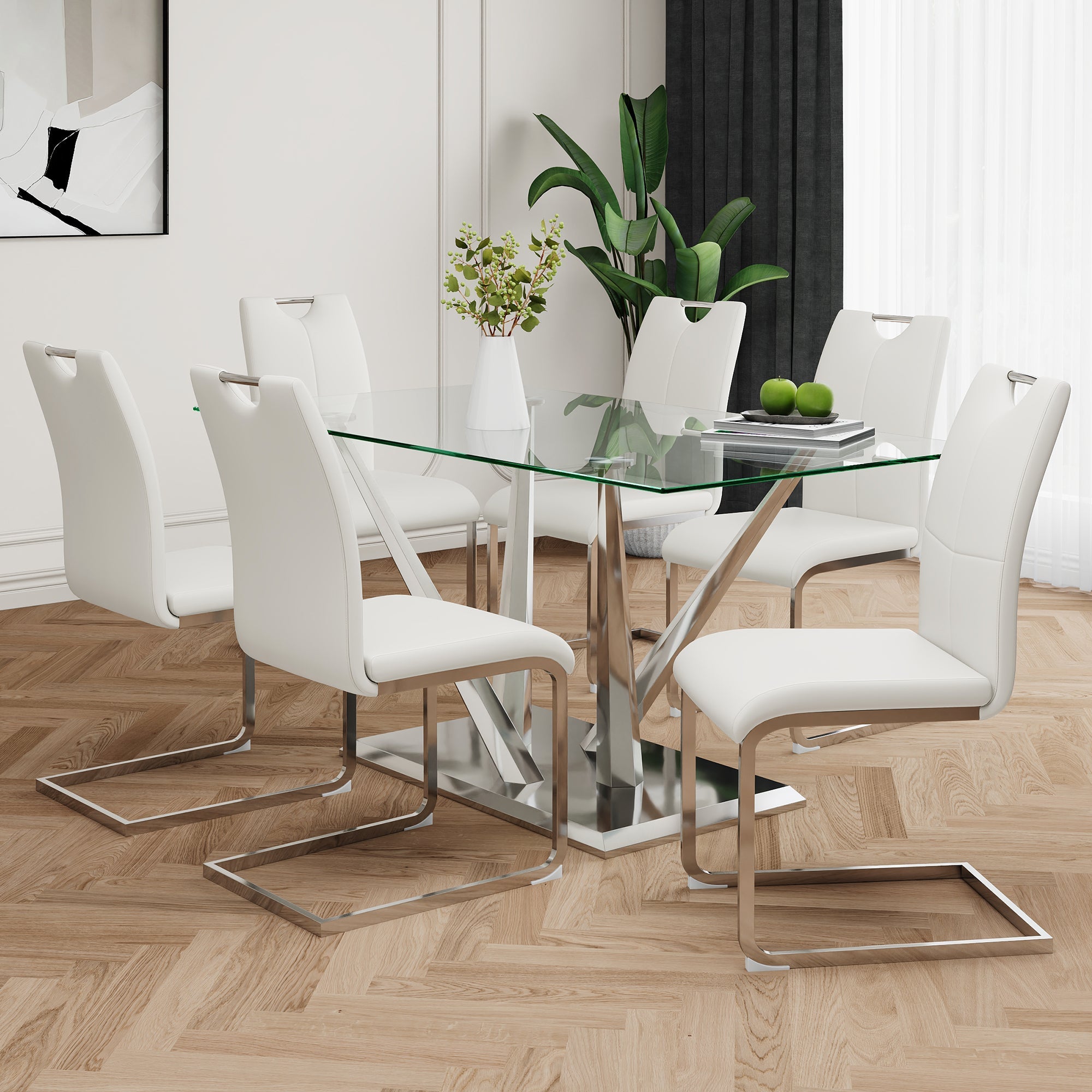 Modern style glass dining table, elegant transparent design, sturdy stainless steel base, white dining chairs set, electroplated chair legs, suitable for dining room and kitchen (set of 7)
