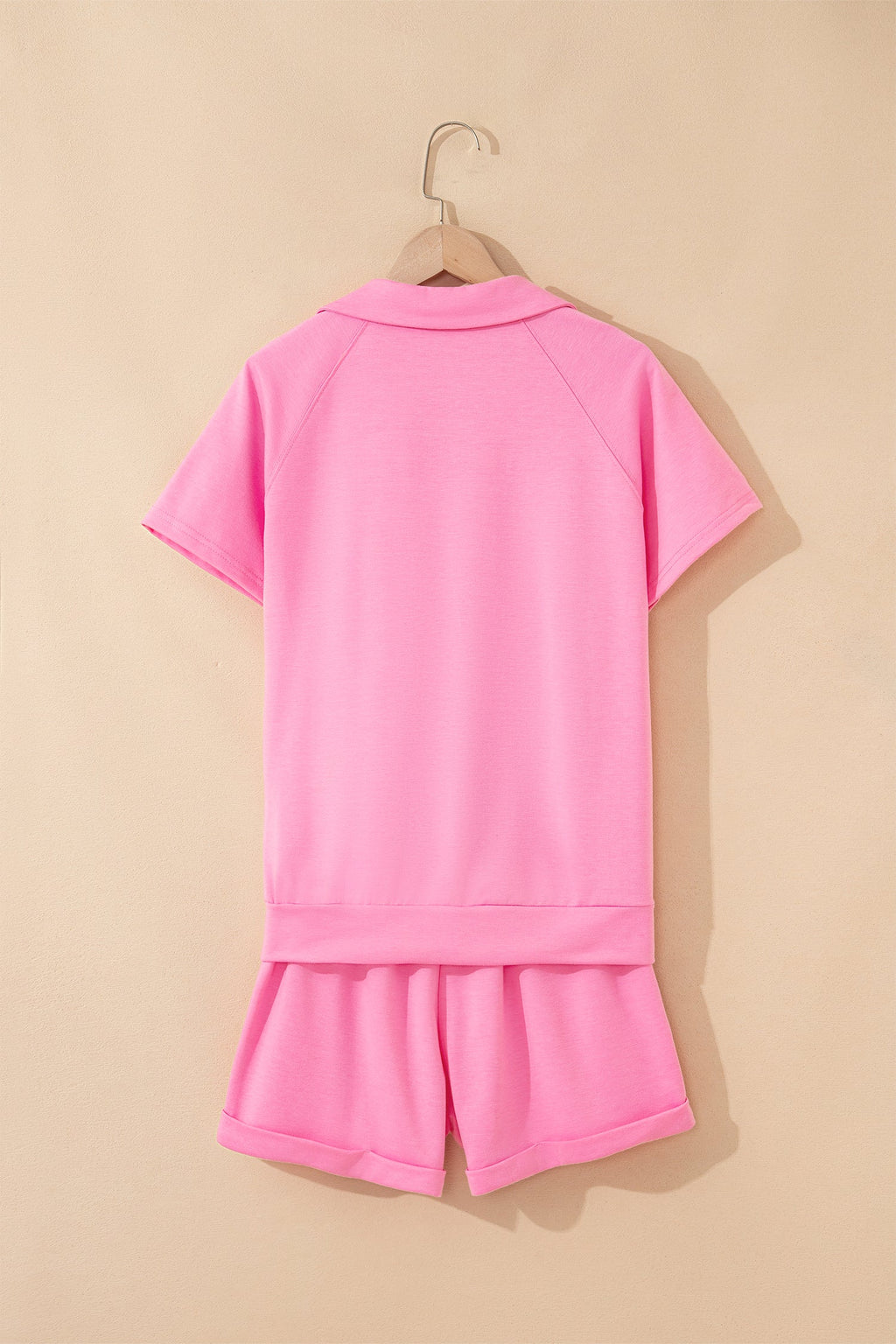 Solid Collared V-Neck Tee & Drawstring Shorts Set