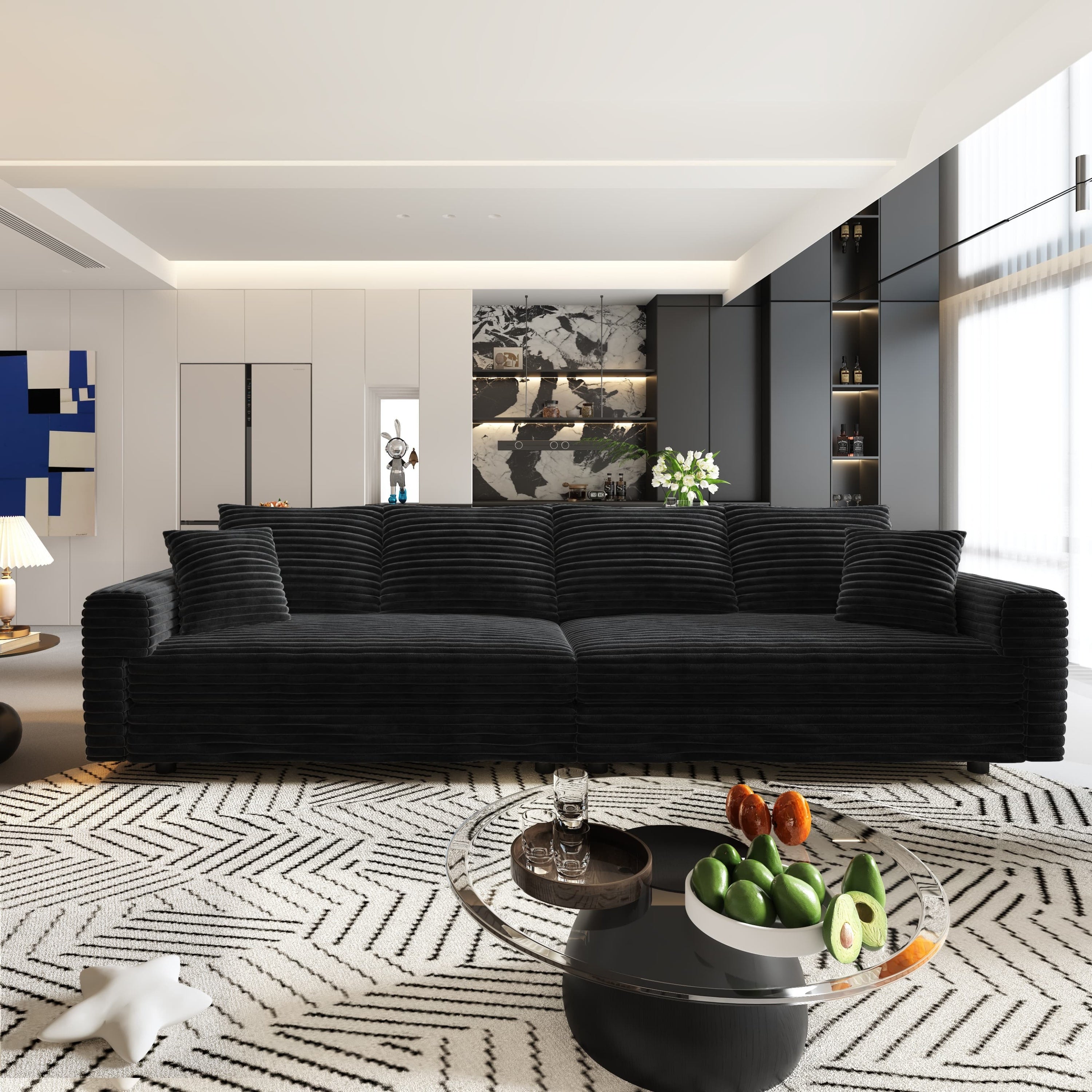 104.3 ' Plush Corduroy 4-Seat Sofa, Modern Comfy Upholstered Sofa Cloud Couch, Deep Seat Couches with Soft Pillows and 2 Ottomans, Convertible Sofa Lounge Chair, for Living Room,Apartment,Office,Black