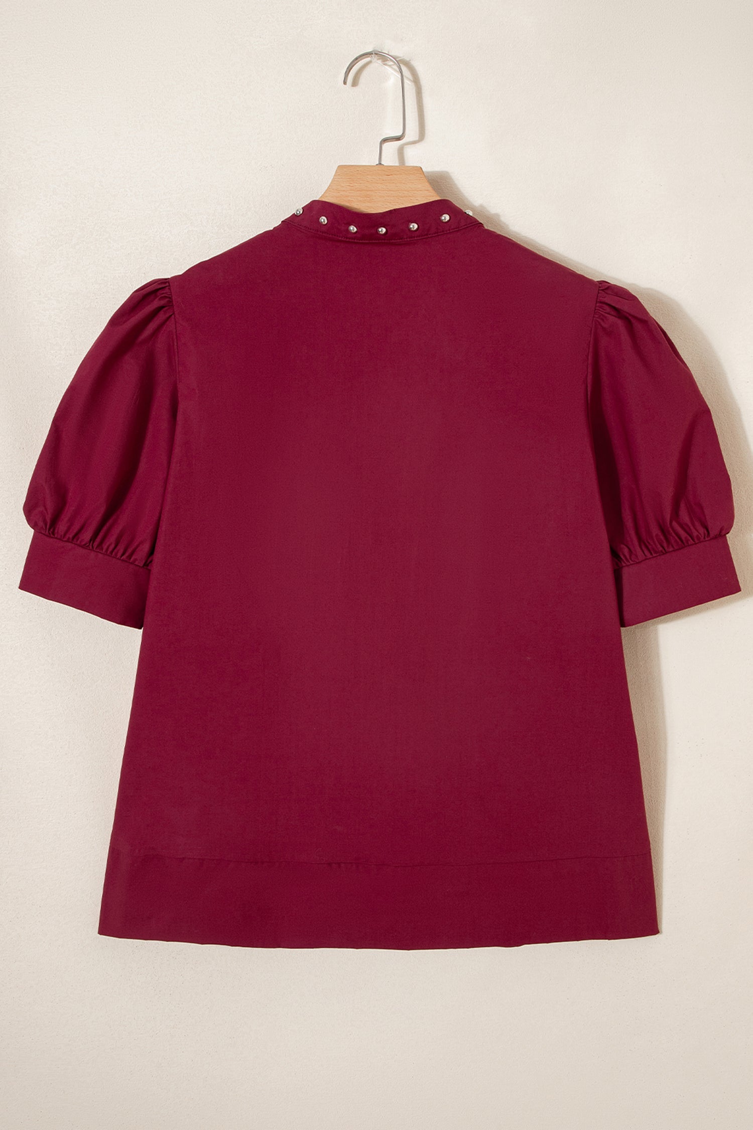 Rivet Embellish V-Neck Short Puff Blouse