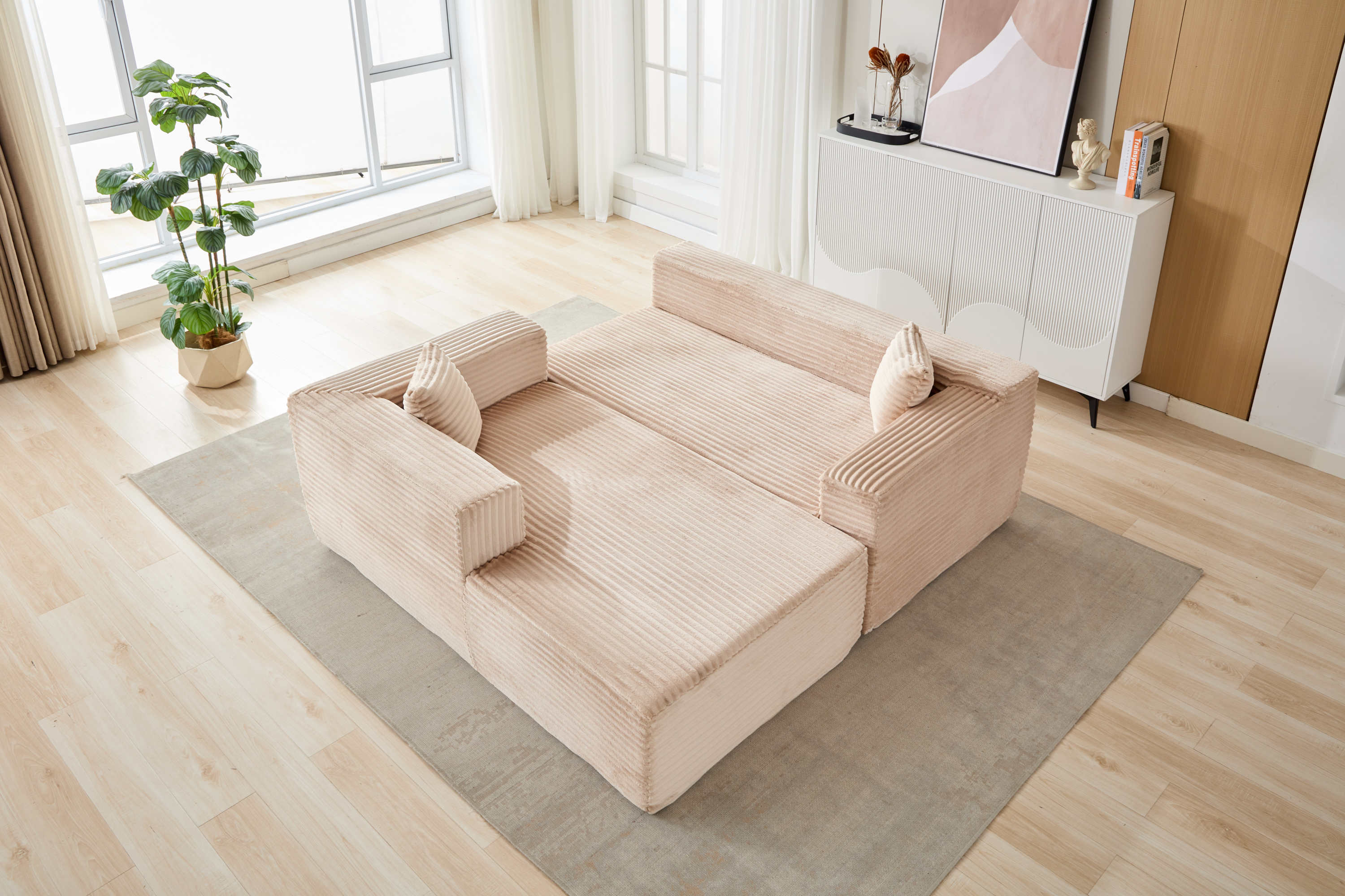 Compression Sectional Couch with Comfy Chaise, Boneless L Shape Sofa with Deep Seat, Minimalist Modular Couches Sleeper for Living Room Bedroom Apartment Lounge,corduroy,Beige