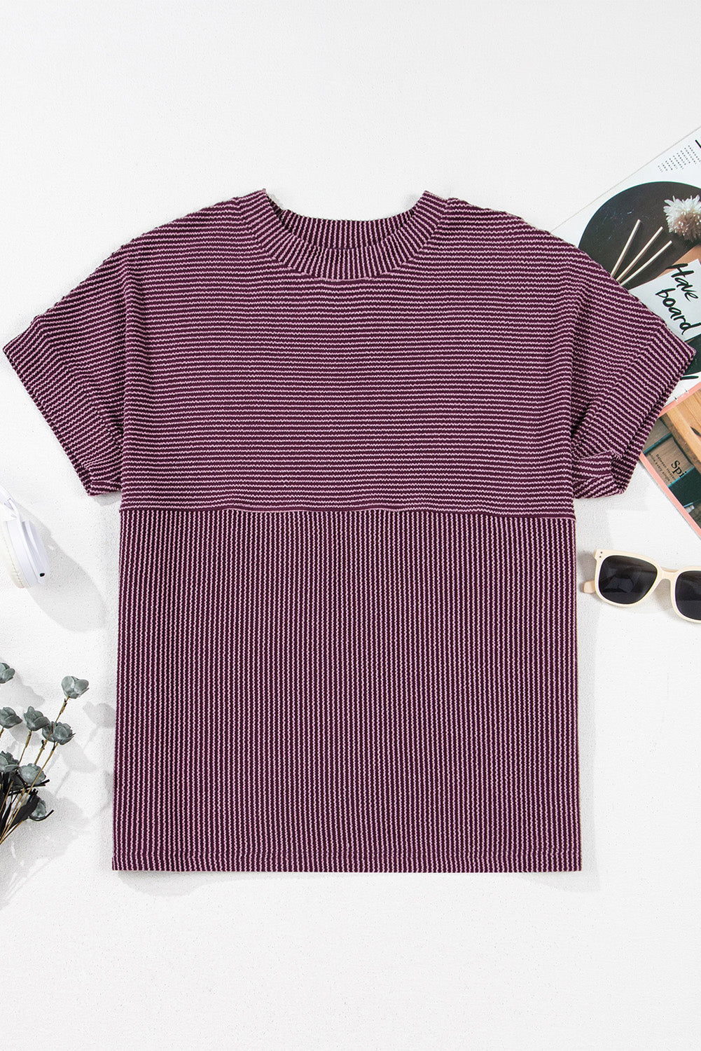 Solid Corded Knit Mock Neck T-Shirt