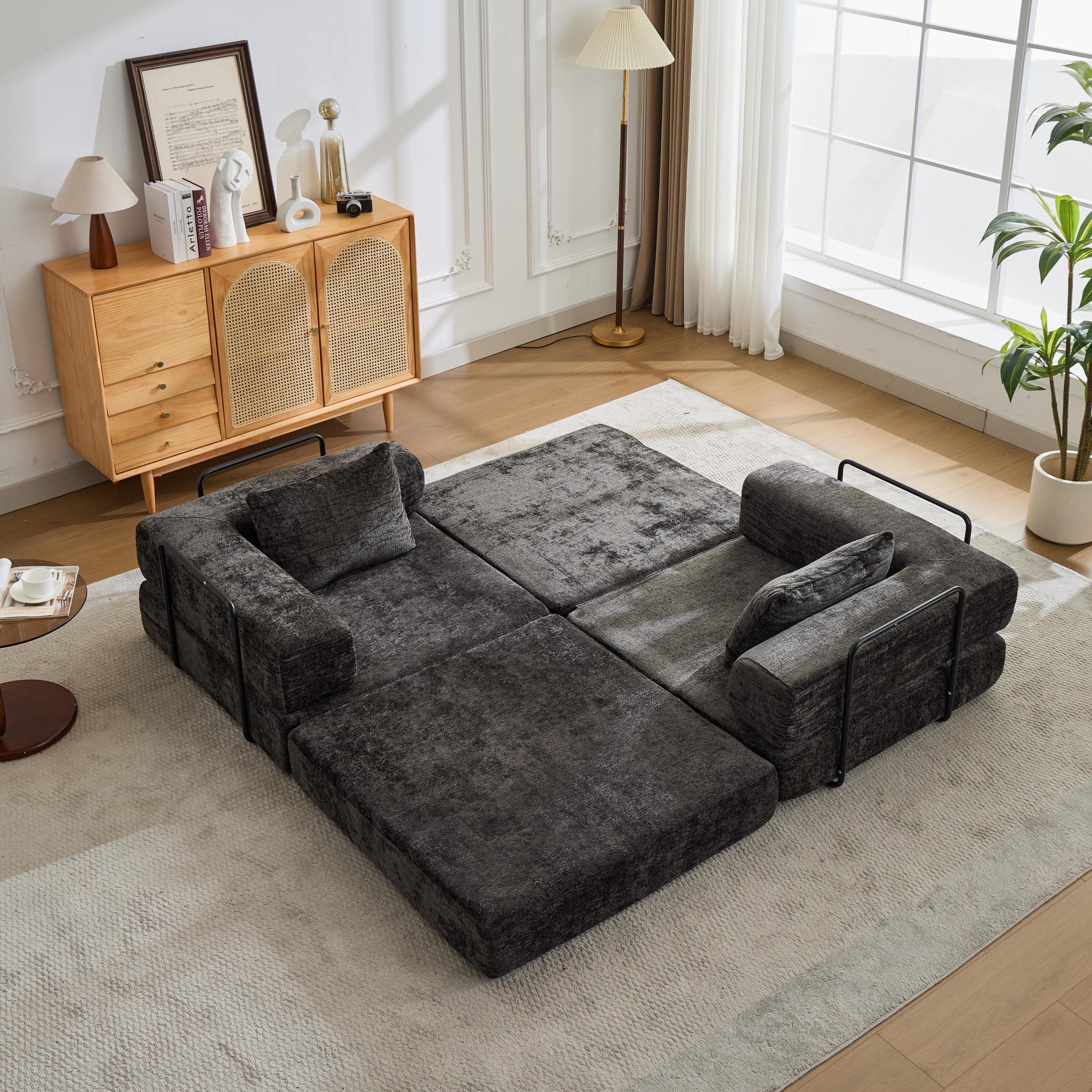 Compression Sofa,Convertible Floor Sofa Bed with Fixed-Shape Frame, Loveseats Boneless Modular Sectional Sofa,No Assembly Required,Chenille fabric,for Living Room Bedroom,Black