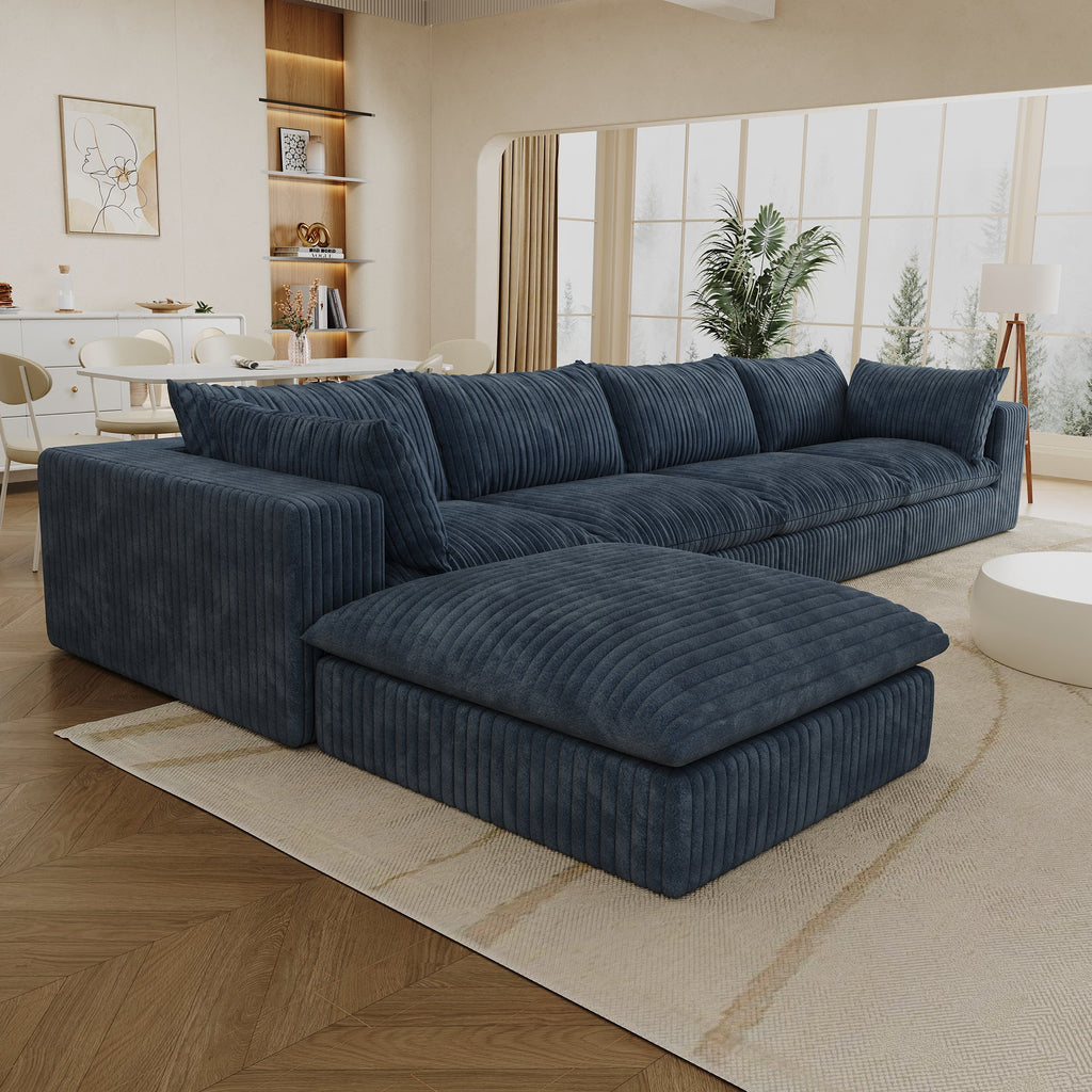 157.6'Cloud Sofa,Corduroy Fabric,Deep Seat Couches,Double-layer design,Removable  Cushion,No Assembly,DIY Combination for Living room, Bedroom,Conference room ,Apartment,Blue