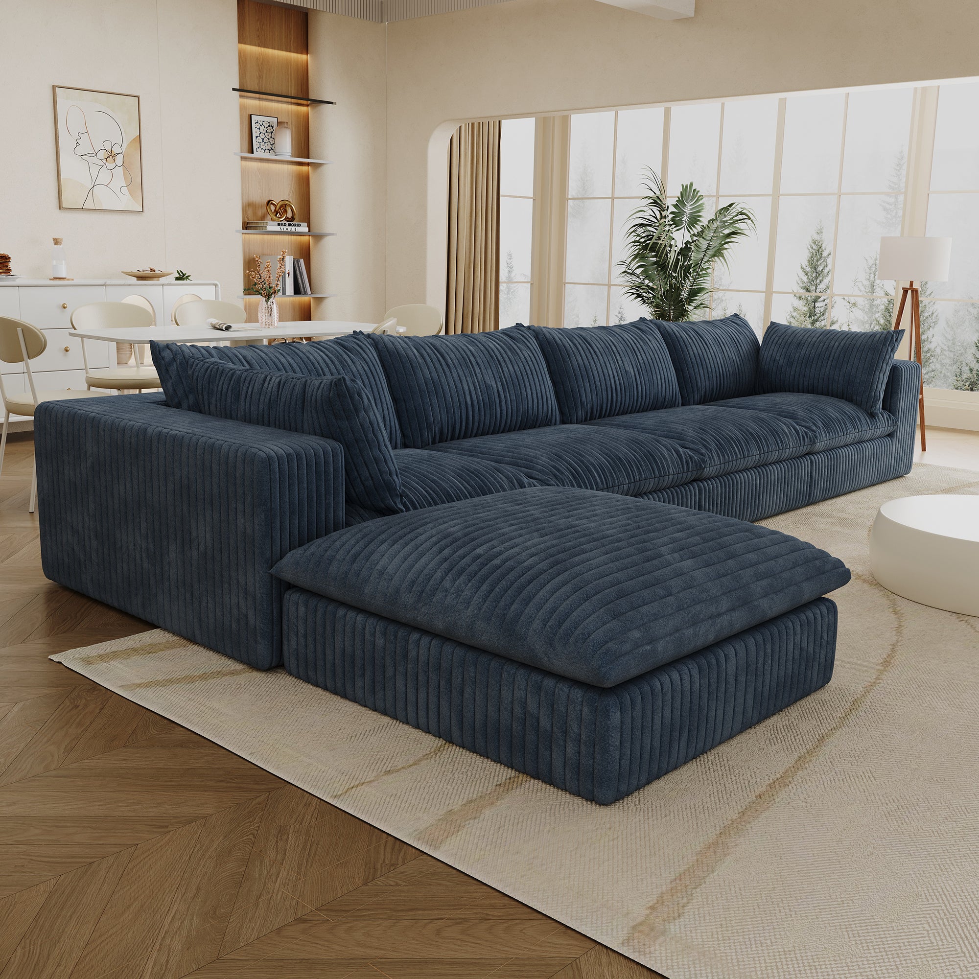 157.6'Cloud Sofa,Corduroy Fabric,Deep Seat Couches,Double-layer design,Removable  Cushion,No Assembly,DIY Combination for Living room, Bedroom,Conference room ,Apartment,Blue