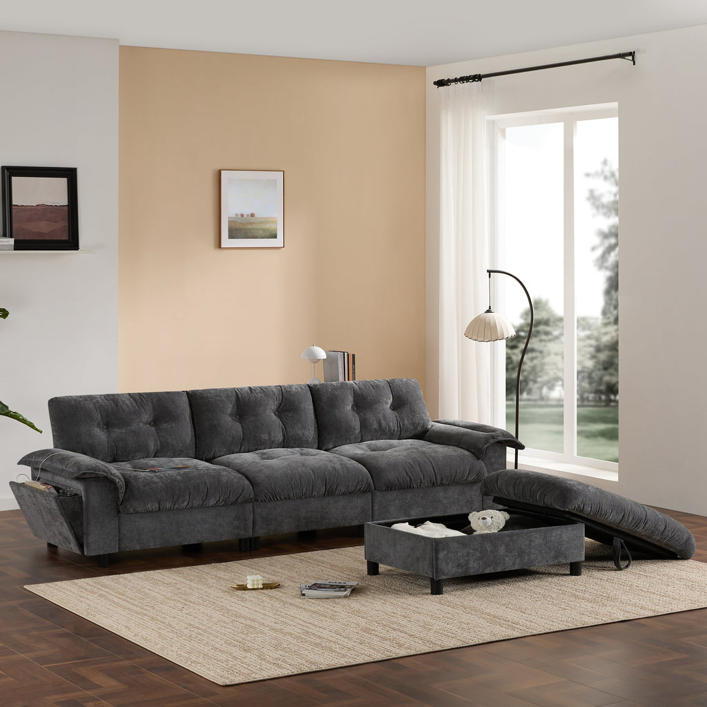 [VIDEO]104*60' Sectional Sofa, L-Shape with Multifunctional Armrest, Dual-Port Charging, Cup Holder, Side Storage Pockets, Movable Storage Ottoman, Unique Tufted Design, Soft Cushion, Chenille,3colors