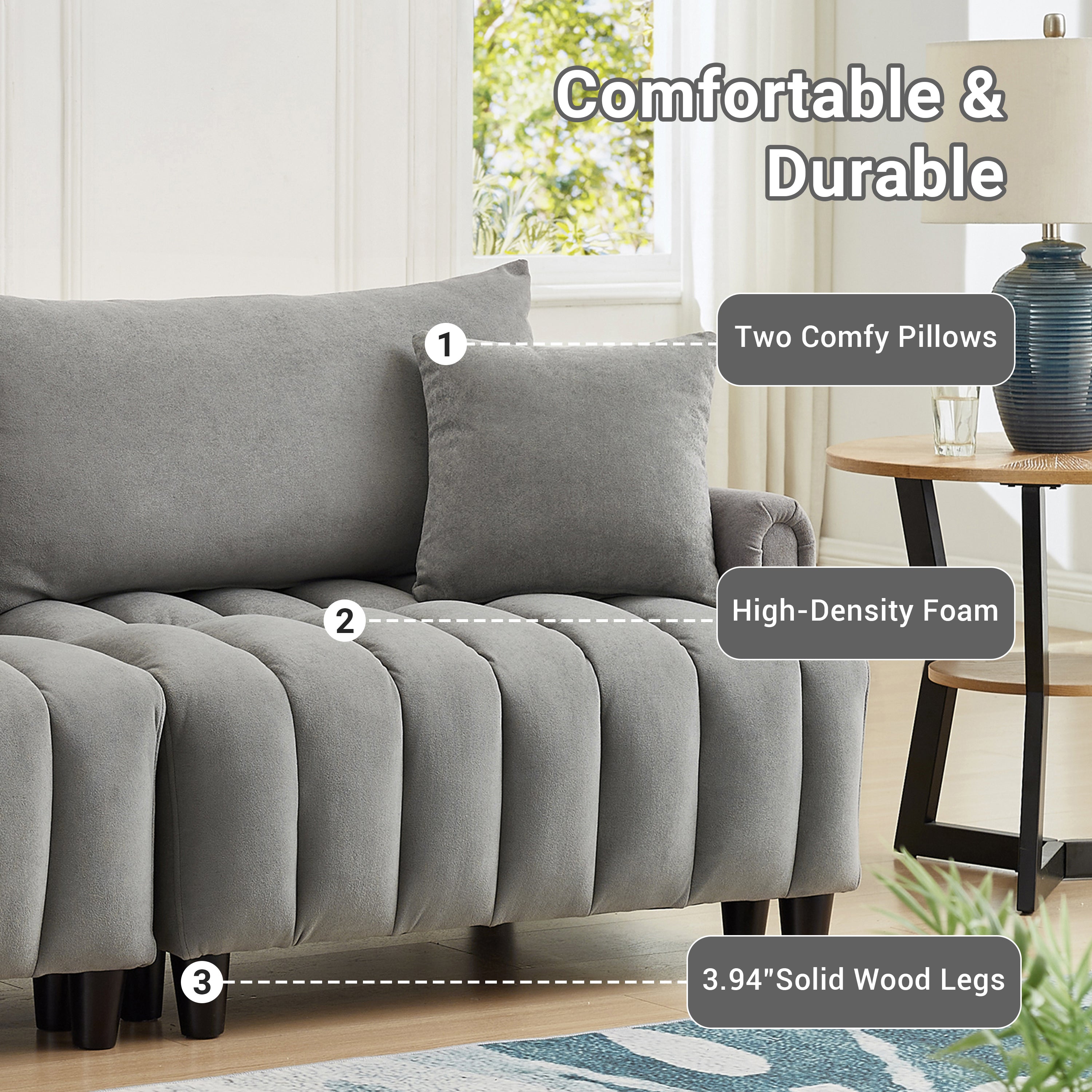 83'' Futon Sofa Bed, Polyester Fabric Comfy Futon Couch Bed with 2 Square Pillows, Convertible Sleeper Sofa with Adjustable Backrest,  Modern Loveseat Sleeper for Living Room, Gray