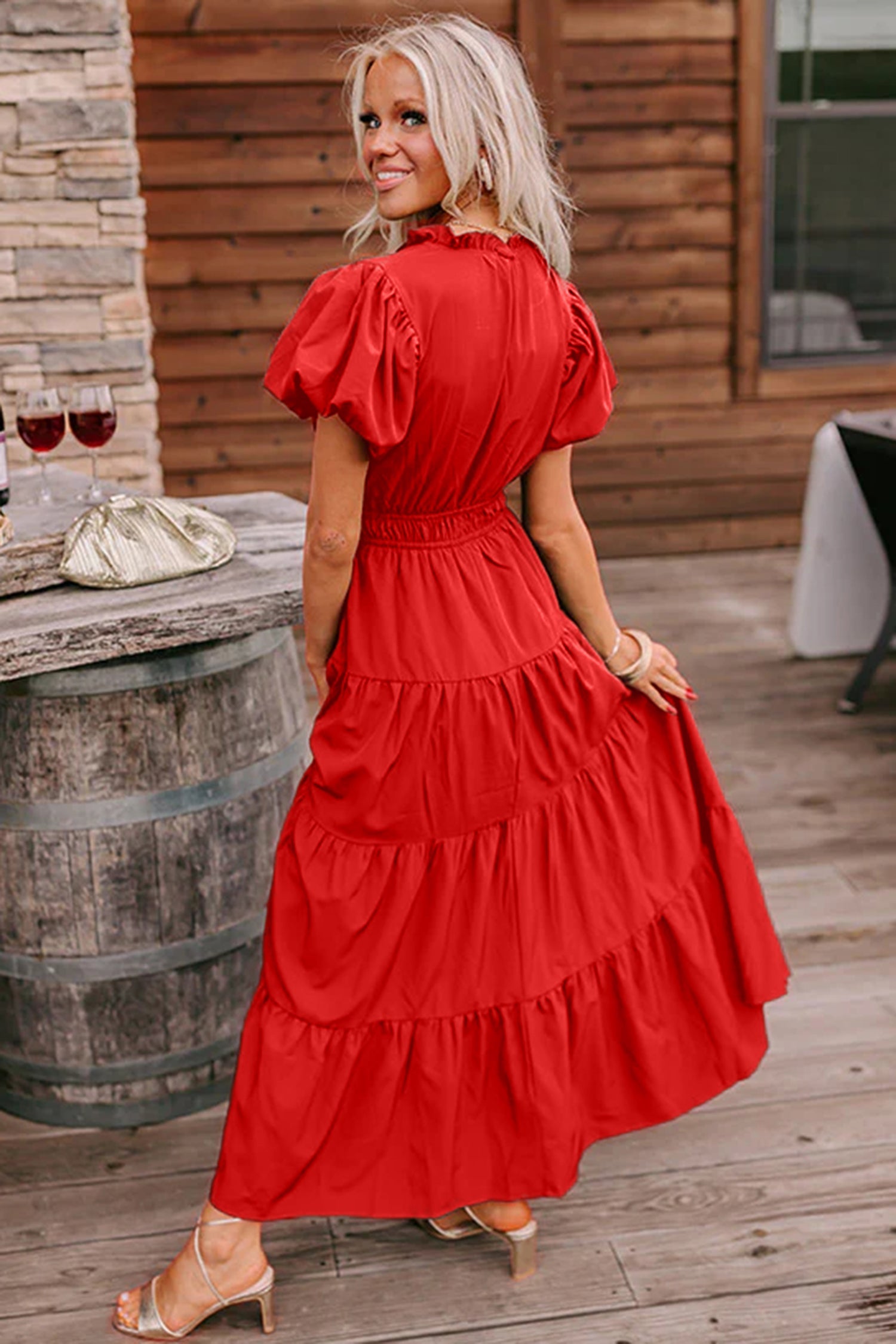 Solid V-Neck Short Puff Sleeve Tiered Maxi Dress