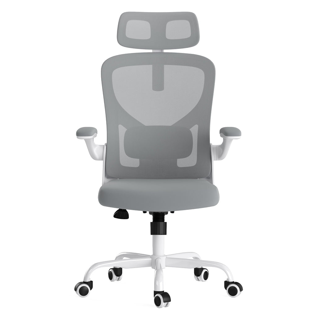 Ergonomic Office Chair, Home Office Desk Chair with Headrest, High Back Computer Chair with Armrests and Adjustable Lumbar Support for Home Office Study Room, White & Gray