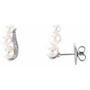 14K White Gold Cultured White Freshwater Pearl & 1/10 CTW Natural Diamond Ear Climbers