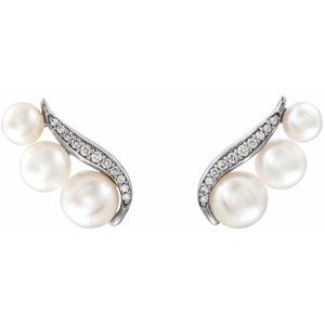 14K White Gold Cultured White Freshwater Pearl & 1/10 CTW Natural Diamond Ear Climbers